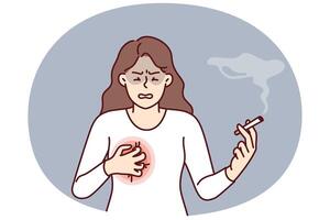 Woman smokes with heart condition needs give up cigarettes and tobacco to avoid dying from cancer vector