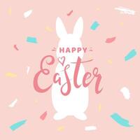 Happy Easter greeting card design with hand drawn lettering and rabbit silhouette on pink abstract background vector