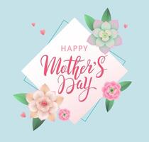 Mother's Day greeting banner or card design concept with handwritten lettering in frame and colorful flowers and succulents on blue background vector