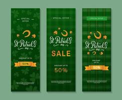 Set of vertical posters for St. Patrick's Day sale. Flyer or web banner design template with handwritten lettering, text, horseshoe and clover symbols vector