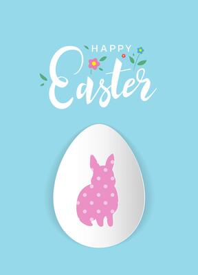 Happy Easter banner design with handwritten lettering and little floral elements. Bunny rabbit silhouette with pink pattern on decorative paper egg