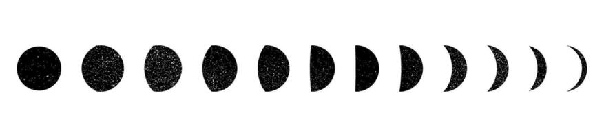 Lunar moon phases with crescent, half, and full cycle, celestial night sky elements, black and white astronomy icon set. Flat illustration isolated on white background. vector