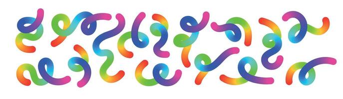 Abstract wavy gradient background with colorful squiggle lines, neon ribbon shapes, fluid swirl pattern, and curved 3D design elements. Flat illustration isolated on white background. vector
