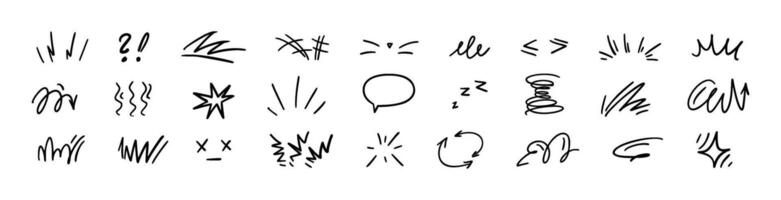 Comic movement lines and expressive shapes with fun graphic effects. Hand-drawn cartoon elements including arrows, marks, and brush strokes. Flat illustration isolated on white background. vector