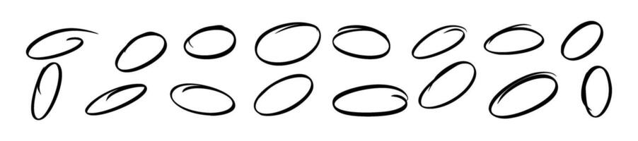 Hand-drawn highlight strokes with pencil, pen, and marker textures. Oval and round sketch lines for emphasis and underlining. Flat illustration isolated on white background. vector