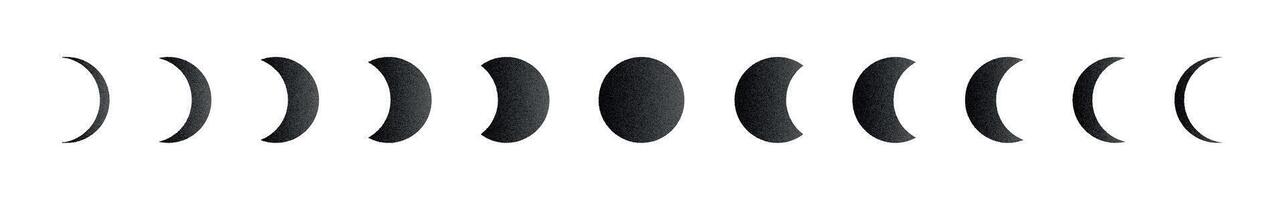 Lunar moon phases with crescent, half, and full cycle, eclipse silhouette, night sky planetary symbol in black and white. Flat illustration isolated on white background. vector