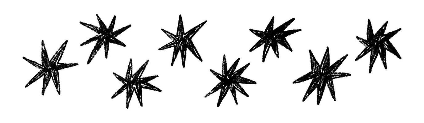 Hand-drawn star and heart icons with crayon, chalk, and scribble strokes. Playful doodle shapes for kids, music, and cartoon designs. Flat illustration isolated on white background.