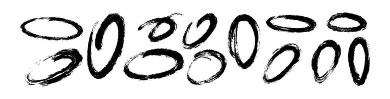 Hand-drawn brush strokes and doodle lines, oval and circular marker highlights, sketchy pen and pencil scribbles for underline or emphasis. Flat illustration isolated on white background. vector