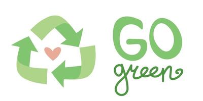 Go Green text with recycling arrows and heart icon. Clean illustration supporting eco awareness, renewable resources, green living, and environmental responsibility vector