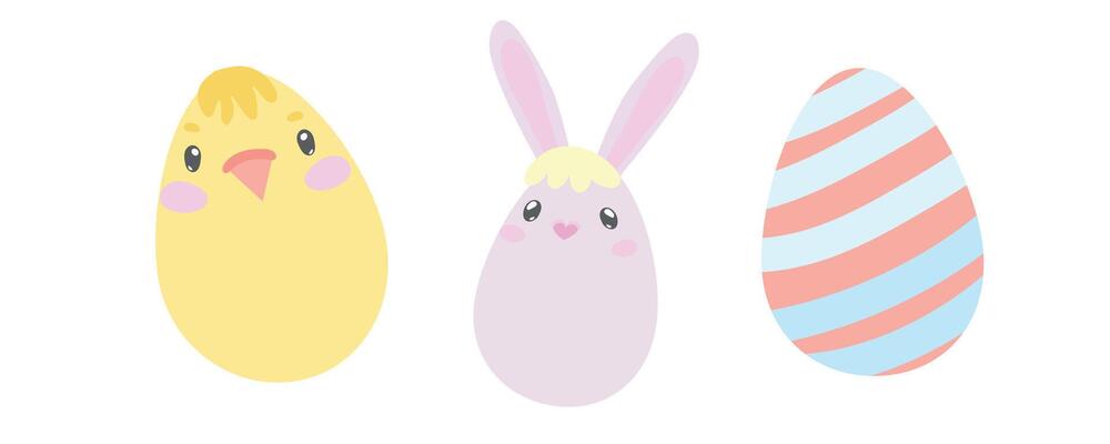 Adorable kawaii chick and bunny eggs in pastel colors. Ideal for kids' Easter crafts, spring greeting cards, and fun holiday decorations