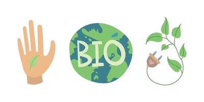 Eco hand, bio planet, and plug with green leaves icon set. Promotes renewable energy, sustainable development, clean power, and responsible environmental practices vector