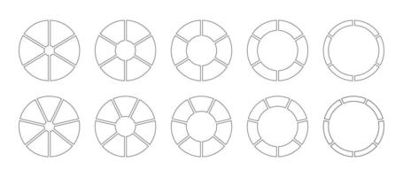 Circle division on 6, 7 equal parts. Wheel round divided diagrams, six, seven segments. Infographic set. Coaching blank. Section graph line art. Pie, pizza chart icons. Outline minimalist donut chart. vector