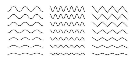 Wavy, curvy, zigzag line. Undulate borders, transverse horizontal lines. Set of sine, fluid, air, wind signs. Water, river, lake, sea, ocean minimalist symbol. Outline graphic on a white background. vector