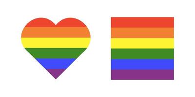 Rainbow flag background. Gay pride frames. Progress Logo symbol. LGBT icon. Stickers in rainbow colors set. Square, heart badge, button, backdrop, mockups. Minimal template design. vector