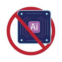 AI restriction concept. Red circular prohibition symbol containing an AI chip. White backdrop vector