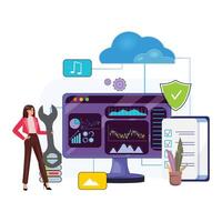 Female professional with a tool standing next to a screen displaying market analytics, representing data management and cybersecurity vector