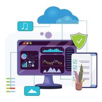 Digital storage and data analysis concept. Monitor shows graphs with various connected tech symbols vector