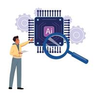 Tech savvy individual examining AI sign through magnifier, highlighting the search for optimal artificial intelligence solutions vector