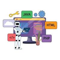 AI concept with humanoid robot programming. Monitor displays graphs, data, coding languages, and tech icons vector