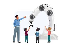 Educator demonstrating advanced machinery with robotic arm to attentive kids, back view vector
