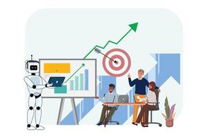 Multicultural team working alongside a robot displaying graphs, depicting artificial intelligence in a startup environment vector