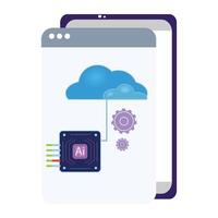 Mobile AI automation concept. Phone screen shows chip linked to cloud, with engine unit beside it vector