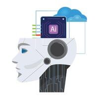 AI digital storage concept with humanoid head. Features blue eyes, chip, and storage level indicators vector
