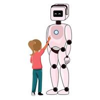 Child gestures towards colorful humanoid. Robot features prominent blue button. Girl seen from behind vector