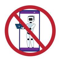 Prohibition symbol covering humanoid on device screen. Represents limitations on AI technology vector
