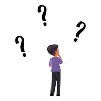 Young student from behind, contemplating decisions, surrounded by prominent question marks vector