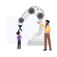 Teacher explains automation to student. Large robotic arm in focus. Industry learning illustration vector