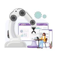 Female worker operates industrial robot. Scene includes big monitor with graphs and mobile checklist vector