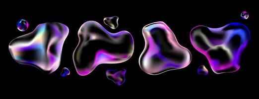 Iridescent liquid shapes with glossy reflection set. Abstract transparent bubbles of different shapes. Bright neon shades and liquid shapes,perfect for futuristic digital design. illustration vector
