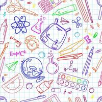 Colorful Hand Drawn School Supplies Pattern on Grid Paper.Doodle Style School and Science Icons Seamless Background with science symbols, and educational tools on grid paper. illustration vector