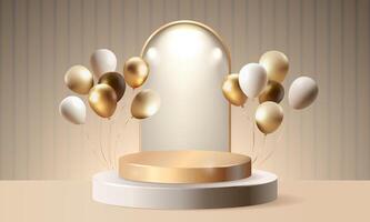 Elegant 3D podium with gold and white balloons, featuring a luxurious display setup with soft lighting. Ideal for product presentations, award ceremonies, and festive celebrations. illustration vector