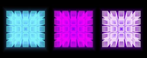 Futuristic abstract design with glowing neon cube patterns set. The geometric high-tech aesthetic is ideal for digital backgrounds, technology concepts, gaming visuals, cyberpunk designs. vector