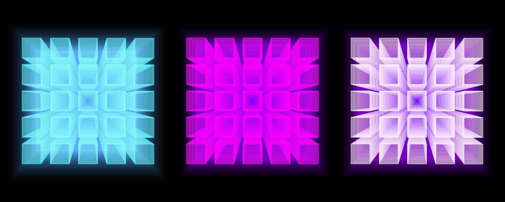Futuristic abstract design with glowing neon cube patterns set. The geometric high-tech aesthetic is ideal for digital backgrounds, technology concepts, gaming visuals, cyberpunk designs.