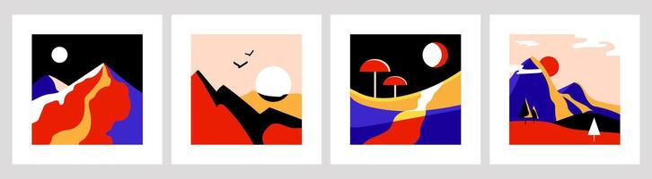Abstract landscape illustrations set with mountains, sun, moon, and nature elements in a bold geometric style with vibrant tones. Ideal for wall art,posters, branding,and modern design projects. vector