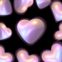 Elegant frame made of iridescent 3D hearts with a soft glow on a black background. The 3D holographic effect creates a romantic and modern aesthetic. illustration vector