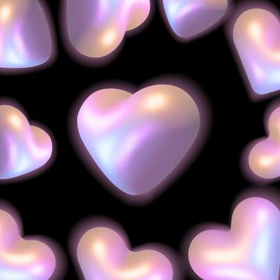 Elegant frame made of iridescent 3D hearts with a soft glow on a black background. The 3D holographic effect creates a romantic and modern aesthetic. illustration