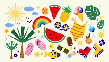 Summer icons set with tropical elements such as palm trees, watermelon, ice cream, sunglasses, flip flops, a rainbow, playful flat design for summer graphics, travel promotions, social media. vector