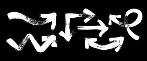 Collection of hand-drawn white brushstroke arrows on a black background a grunge and abstract style. Ideal for design elements, direction indicators, and creative illustrations. illustration vector