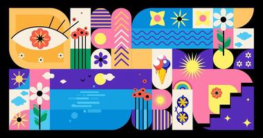 Abstract Geometric Illustration with Floral and Nature Elements Summer time.A modern surreal and artistic composition inspired by nature and symbolism.Modern geometric background vector