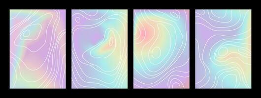 Abstract holographic gradient backgrounds set with white contour lines, creating a futuristic and modern topographic effect. Ideal for digital designs, social media,posters, branding projects. vector