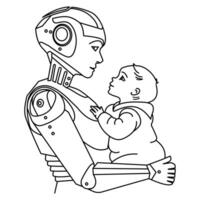 Futuristic Robot Holding a Baby, AI and Humanity Concept.Black and white line art of a humanoid robot holding a baby, symbolizing the connection between artificial intelligence and humanity. vector