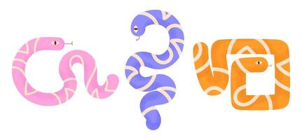 Colorful cartoon snakes forming playful shapes set. Abstract snakes forming creative shapes. A whimsical and stylized illustration ideal for kids' designs, prints, and branding vector