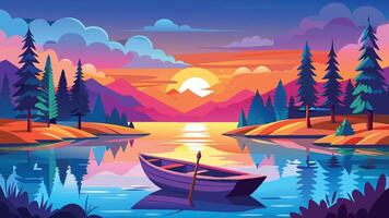 Serene Sunset Lake Landscape Rowboat on Calm Waters at Dusk with Majestic Mountains and Pine Trees vector