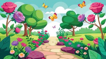 Idyllic Stone Path Meandering Through a Vibrant Flower Garden with Butterflies vector