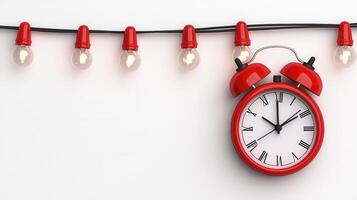 A red alarm clock on a string with bulbs photo