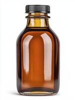 A brown glass bottle with a black lid photo
